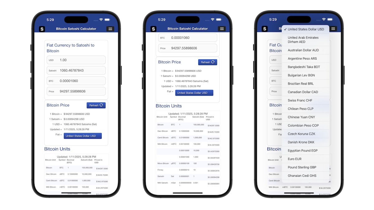 iPhone view of Bitcoin Satoshi Calculator Application